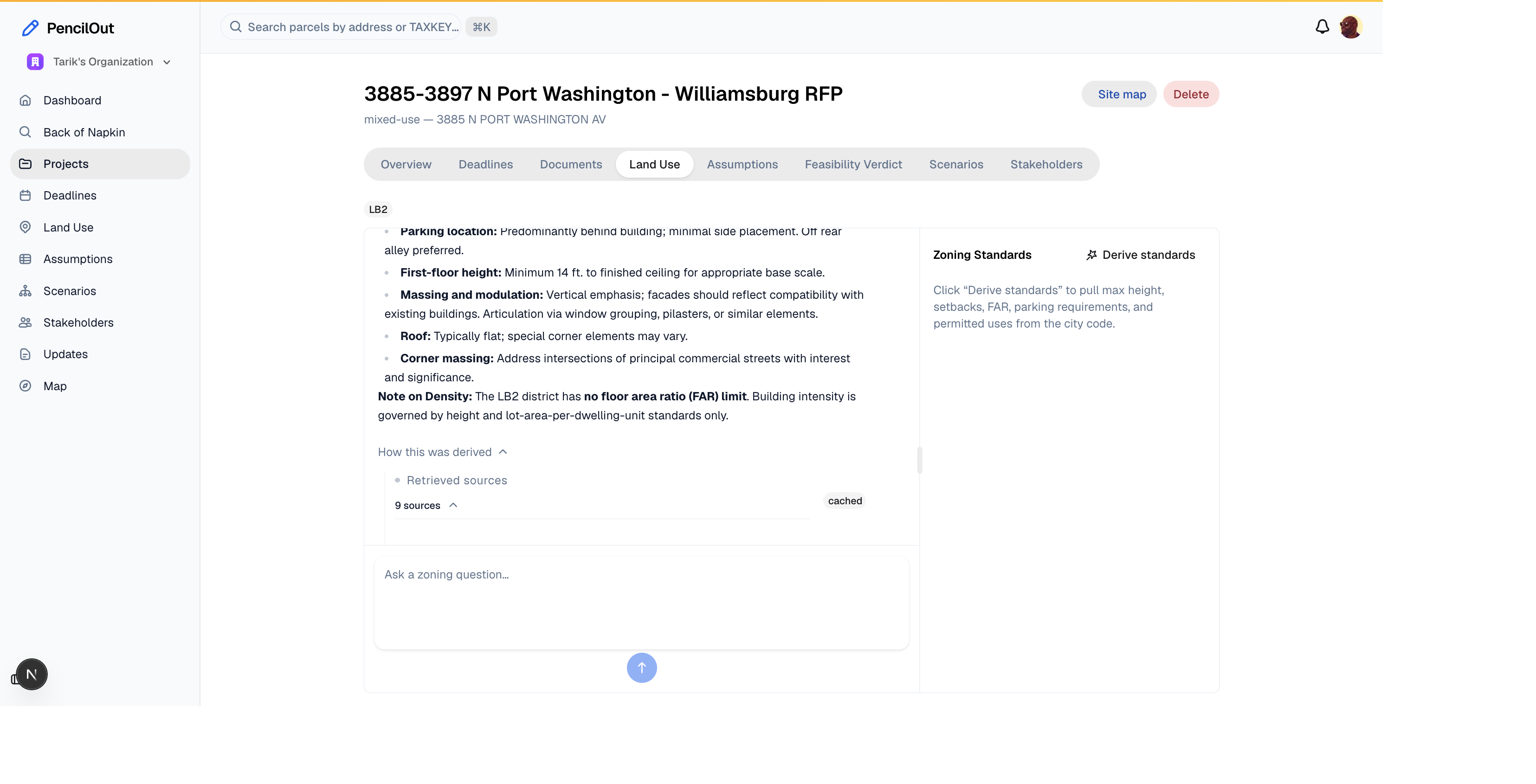 PencilOut — a cited zoning answer: every claim traceable to the city code and the developer's own uploaded documents